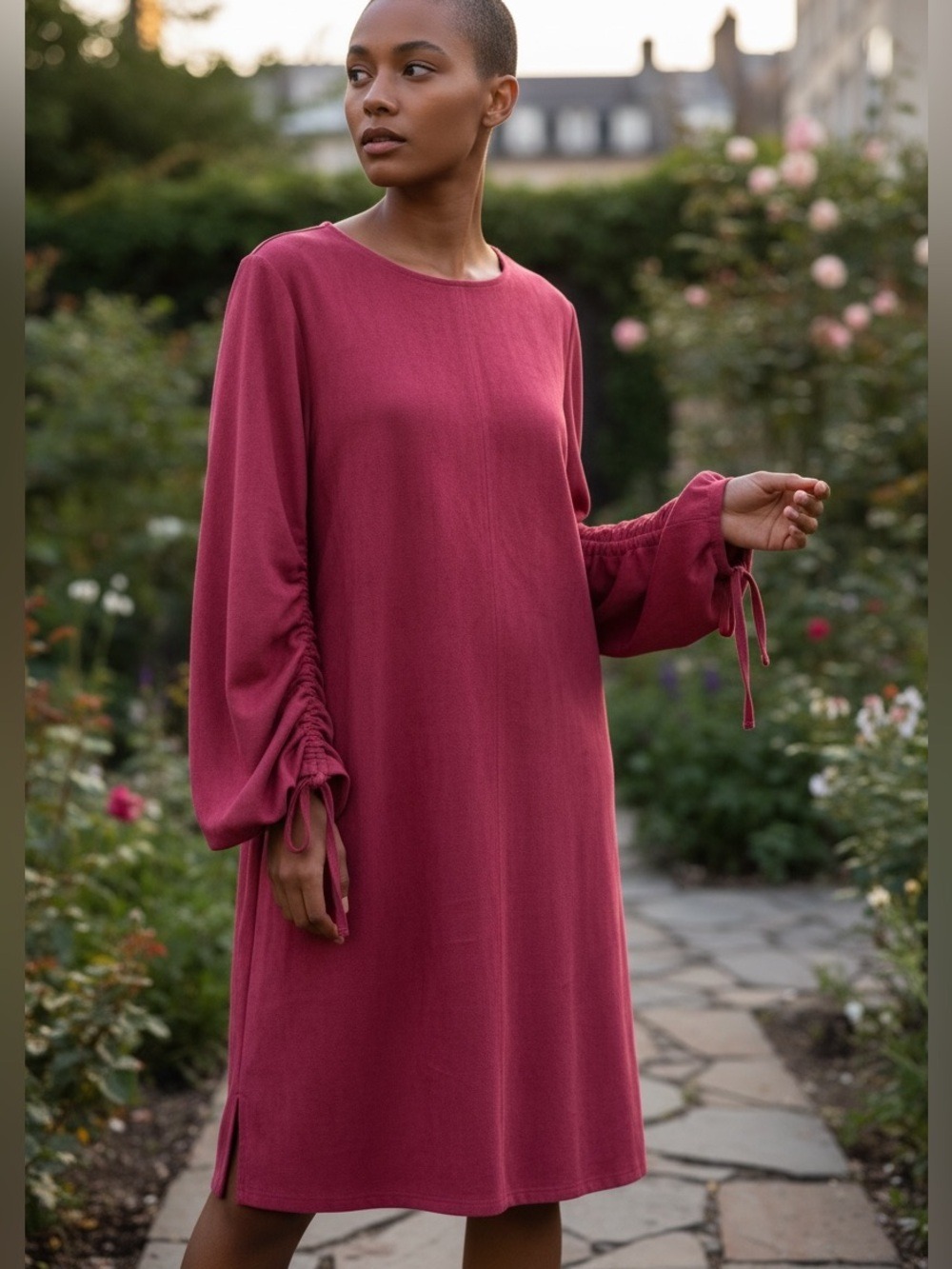 Y2K JOH ROSE PINK VEGAN ULTRA SUEDE BOHO RELAXED FIT DRESS WIDE RUCHED SLEEVES M